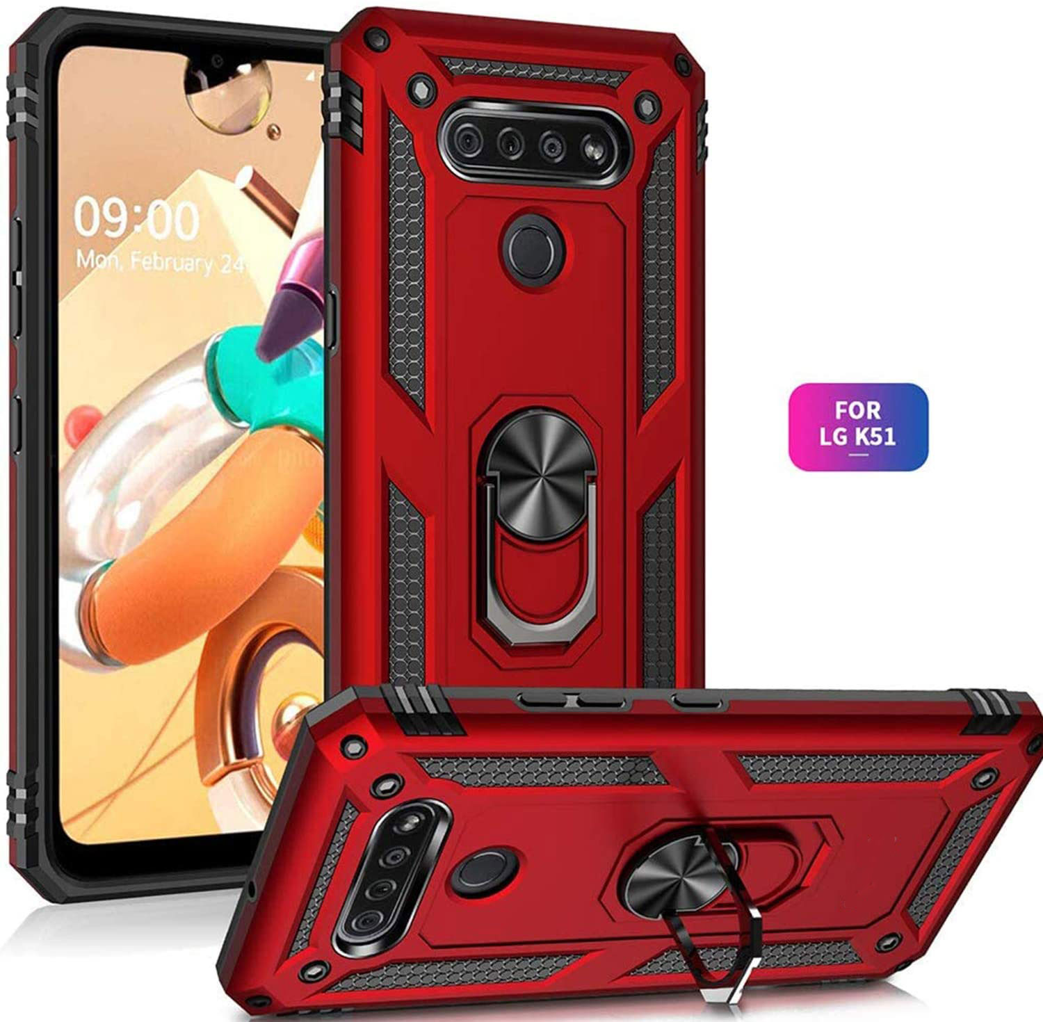 LG K51 / Q51 Tech Armor RING Grip Case with Metal Plate (Red)